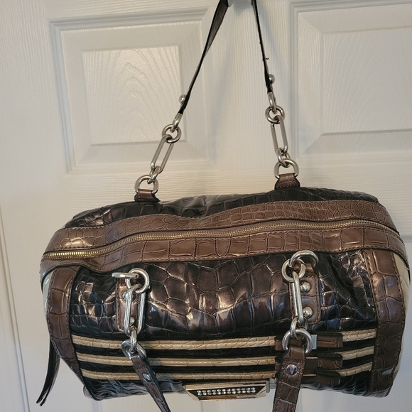 Vintage Guess Handbag Y2K Faux Leather Bling Gold Silver Purse Satchel Bag Retro - Picture 11 of 13
